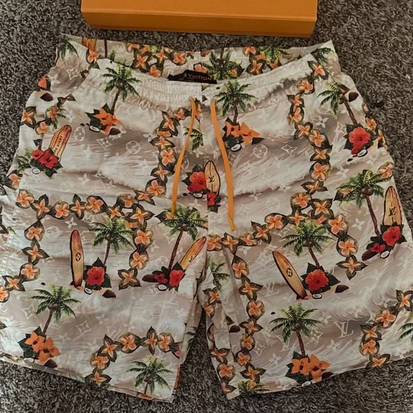 Louis Vuitton Beige Tropical surf Swim Shorts with Orange mediums worn 1 time - Picture 2 of 8